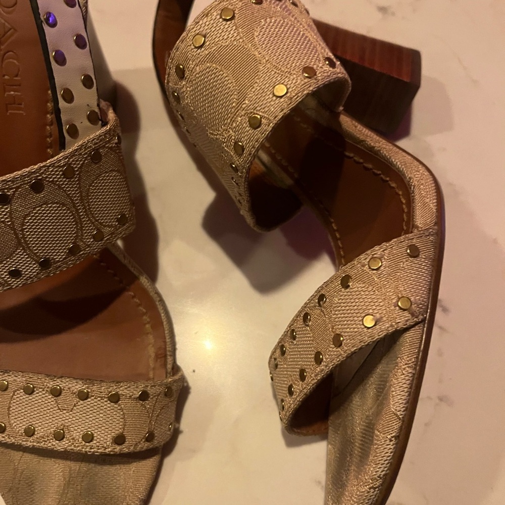 Coach Rylie Beige C Monogram Fabric Studded Leather Block Sandal Heels US8 - Picture 3 of 7